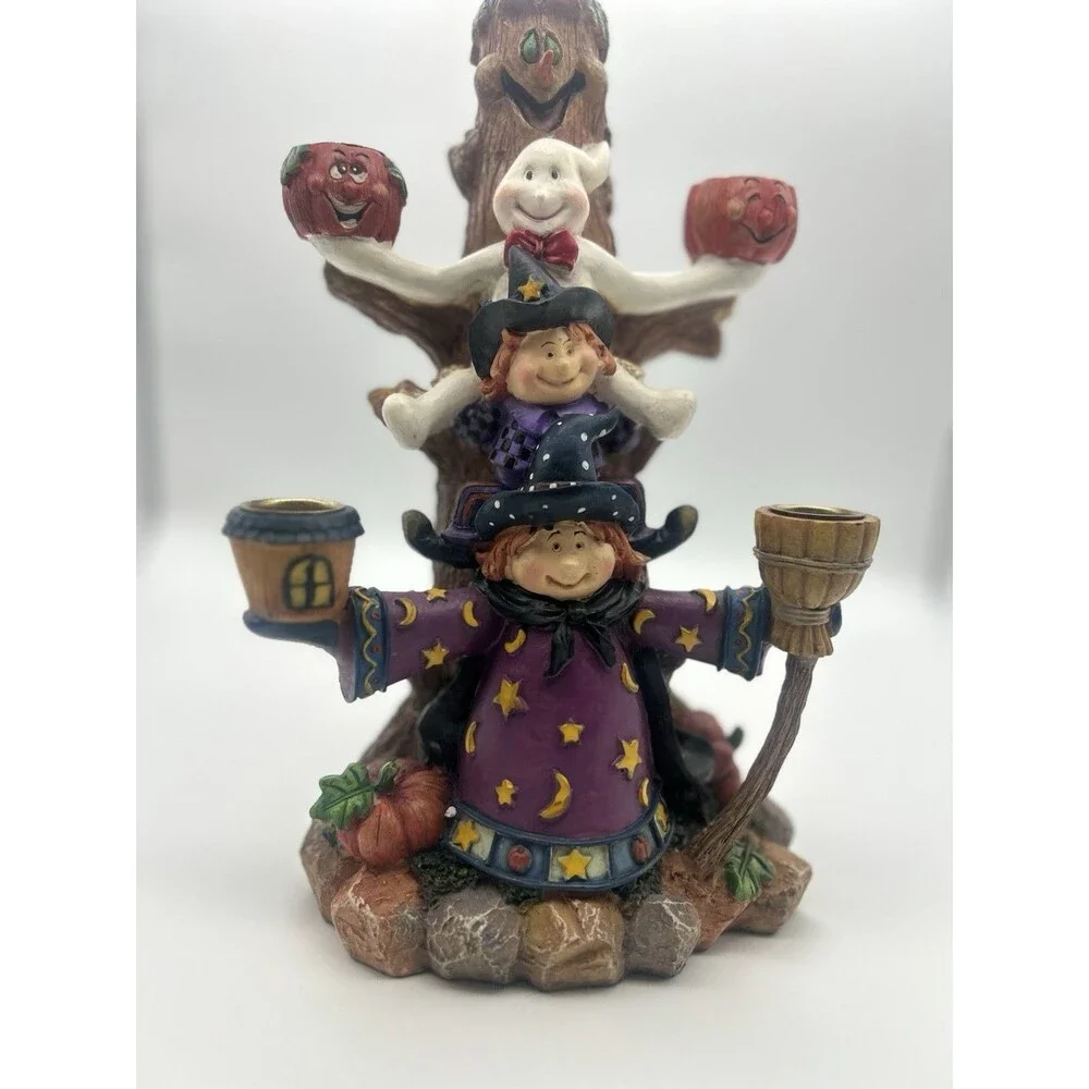 Halloween Candelabra 5 Candle Holders Witch Ghost Tree Jack-o-lanterns Broom
